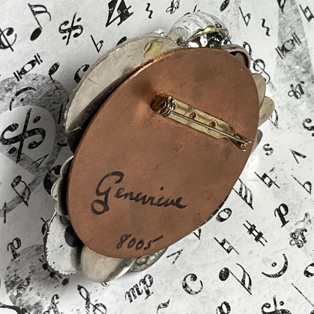 Signed Artisan Multi-Material Metallic Brooch - image 4